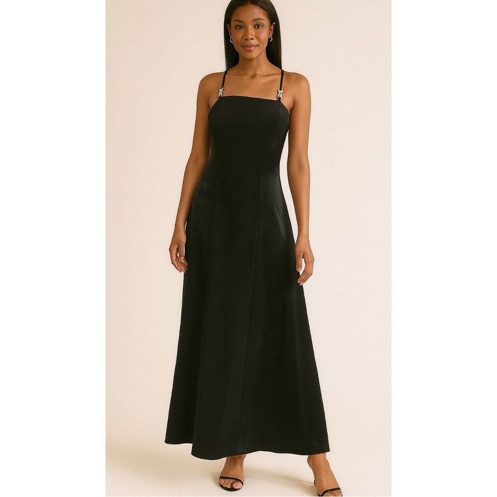 Sketch vintage dress maxi ball gown black prom satin sides jeweled straps SZ 4